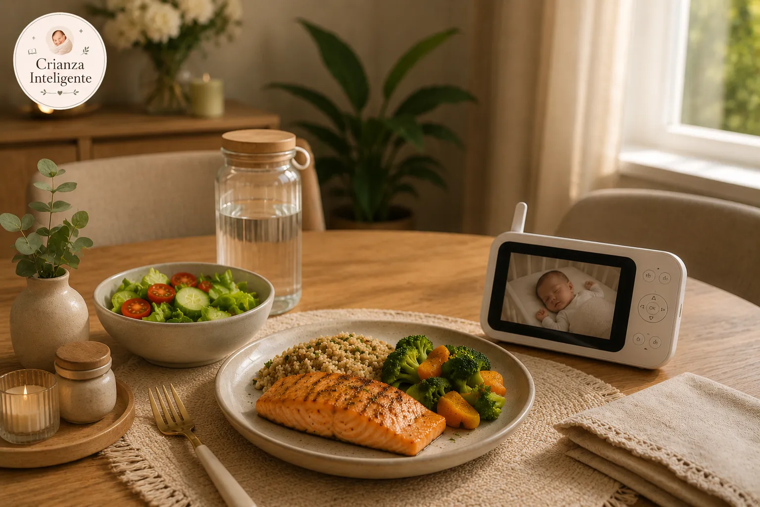Comida nutritiva para mamá con monitor del bebé