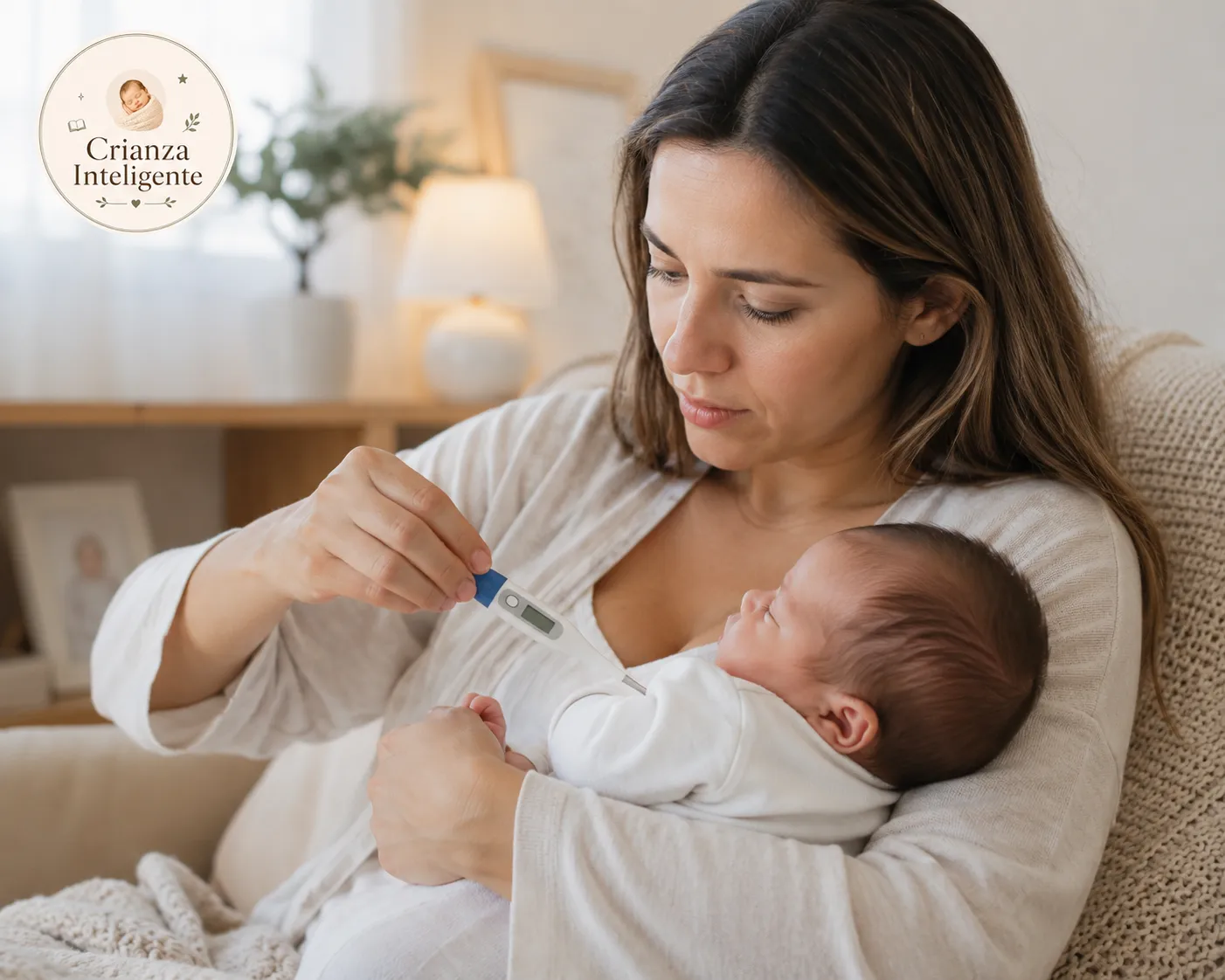 Madre tomando la temperatura de su bebé