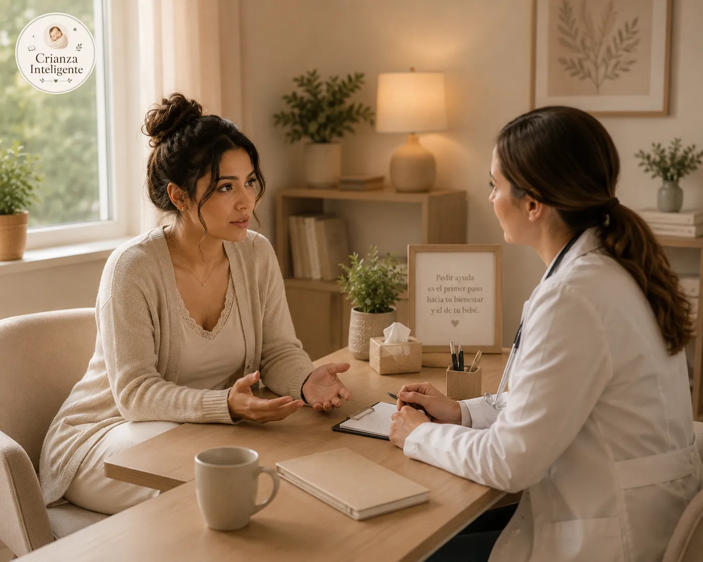 Mamá conversando con una profesional de la salud