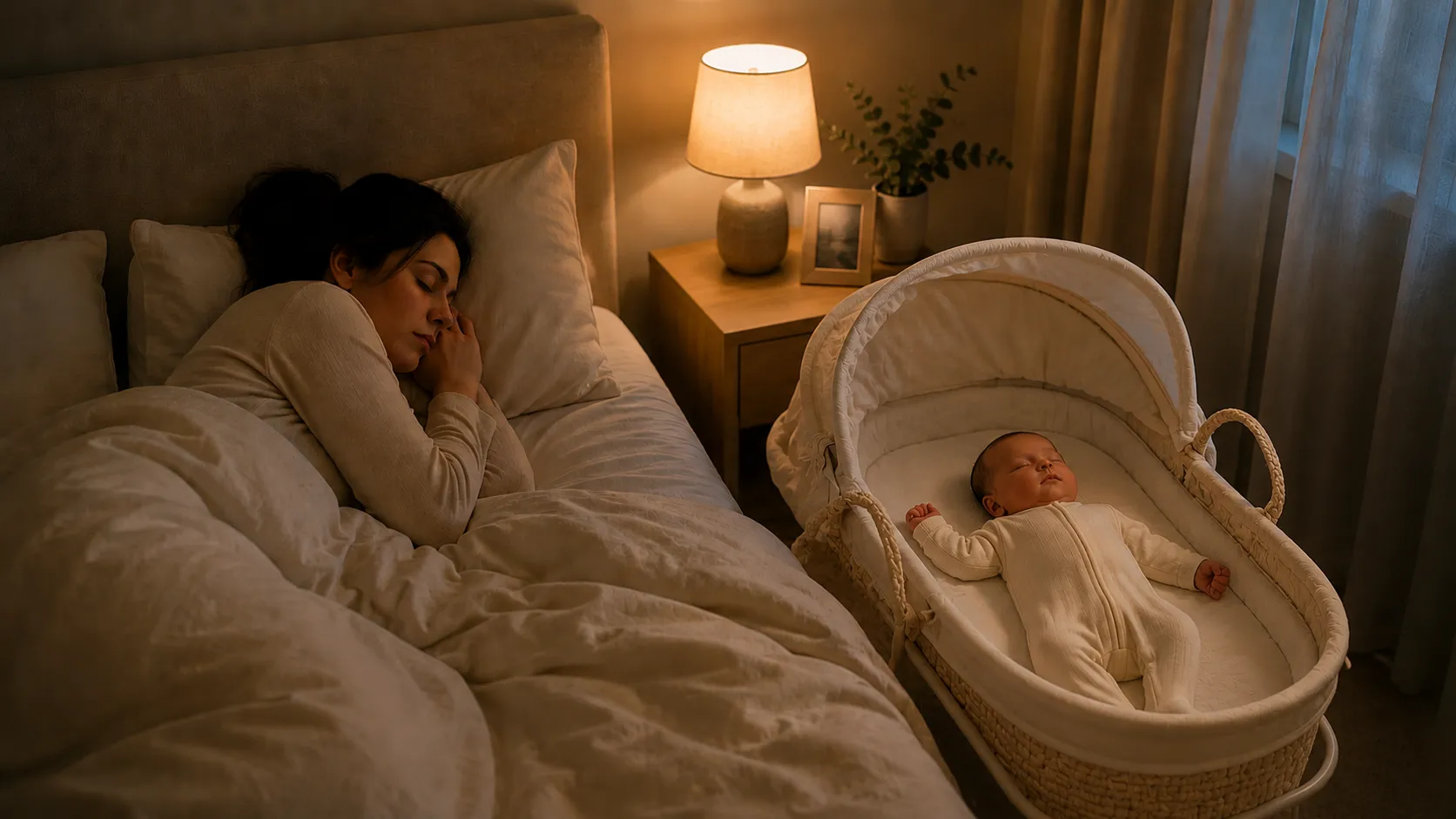 Mamá durmiendo mientras su bebé descansa en el moisés