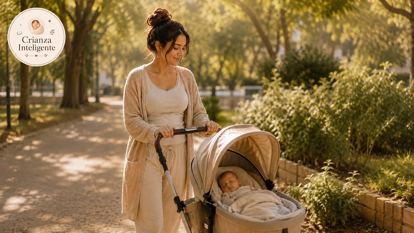 Mamá paseando al bebé en el parque