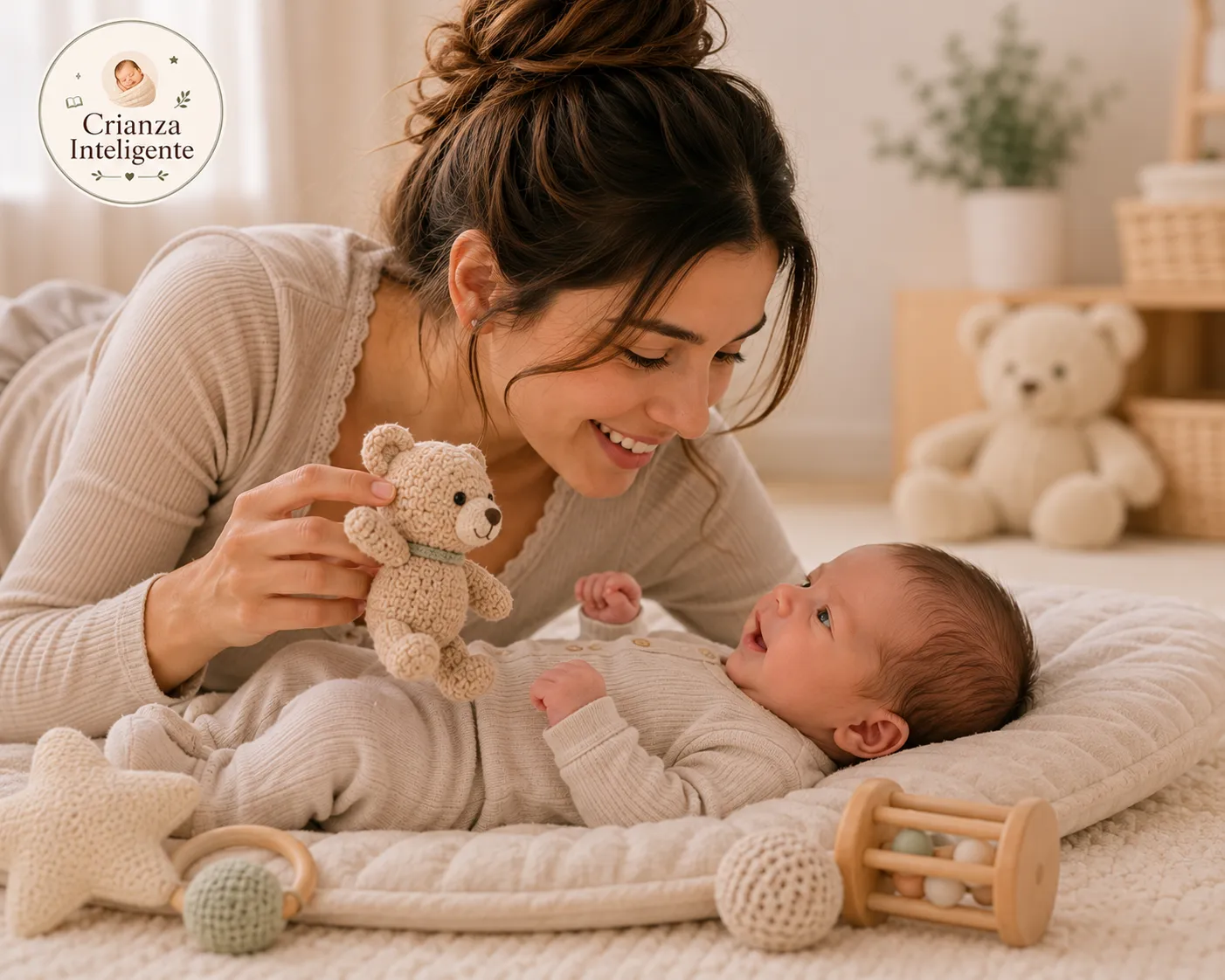 Mamá jugando con su bebé durante la rutina diurna