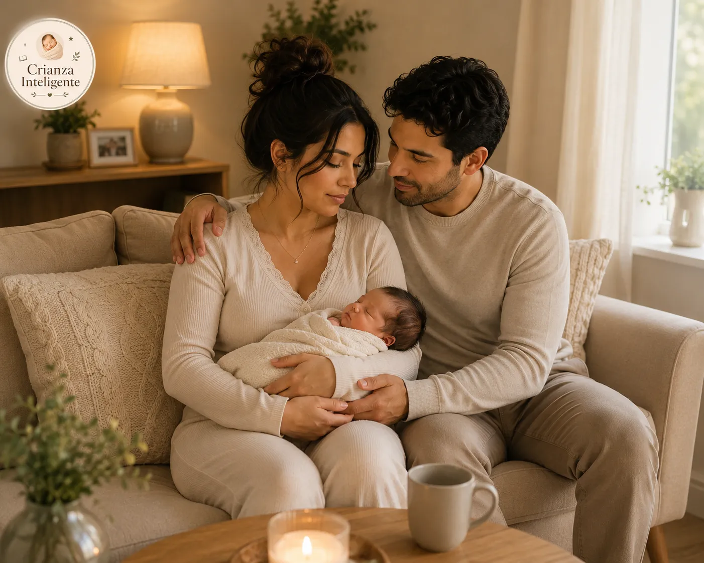 Familia abrazada con su recién nacido